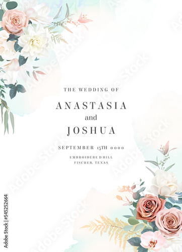 Silver sage and blush pink flowers vector design frame. Dusty rose, magnolia, dahlia, orchid, pampas grass, greenery