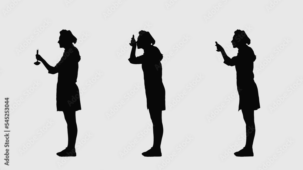 Black silhouette woman in uniform and a chefs cap tasting food from a ladle. 3 in 1 Collage side view full length on white background. The concept of the profession of a cook, cooking, gastronomy.