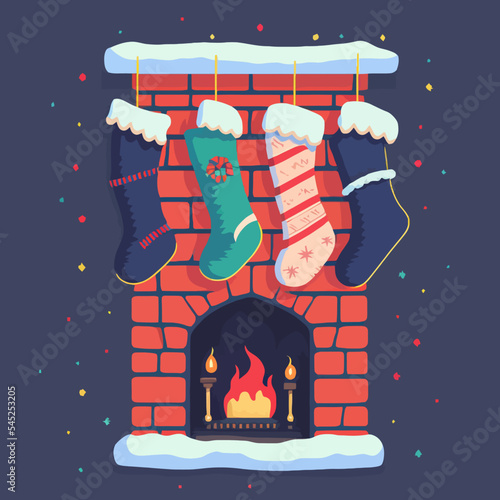 Vector illustration of Christmas socks hanging on the chimney Fototapet
