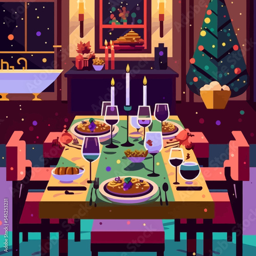 Vector illustration of a Christmas dinner table
