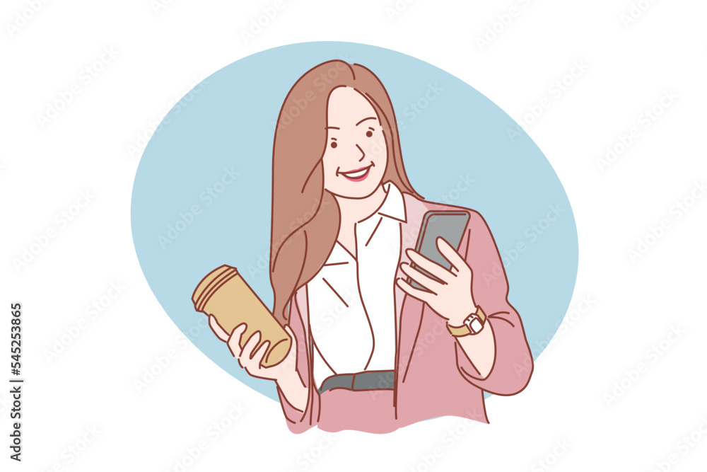 Portrait of happy business girl using mobile phone. vector cartoon. Portrait of happy business girl using mobile phone. vector cartoon.