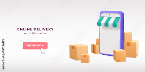 3d vector online shopping and delivery service with smartphone on website and mobile app design poster. Cartoon render Cell with store awning with a lot of cardboard parcel box package standing around