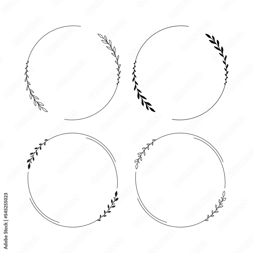 Set of 4 hand drawn spring wreaths isolated on white background, vector. Outline and silhouette frames with leaves. Doodle style.Collection of floral monogram frames. Set of 4 hand drawn spring wreaths isolated on white background, vector. Outline and silhouette frames with leaves. Doodle style.Collection of floral monogram frames.