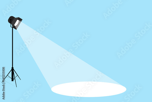 Banner spotlight background. Spotlight shining. Vector flat spotlight on blue background. Searchlight icon. Vector illustration
