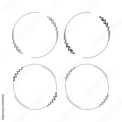 Set of 4 hand drawn spring wreaths isolated on white background, vector. Outline and silhouette frames with leaves. Doodle style.Collection of floral monogram frames.