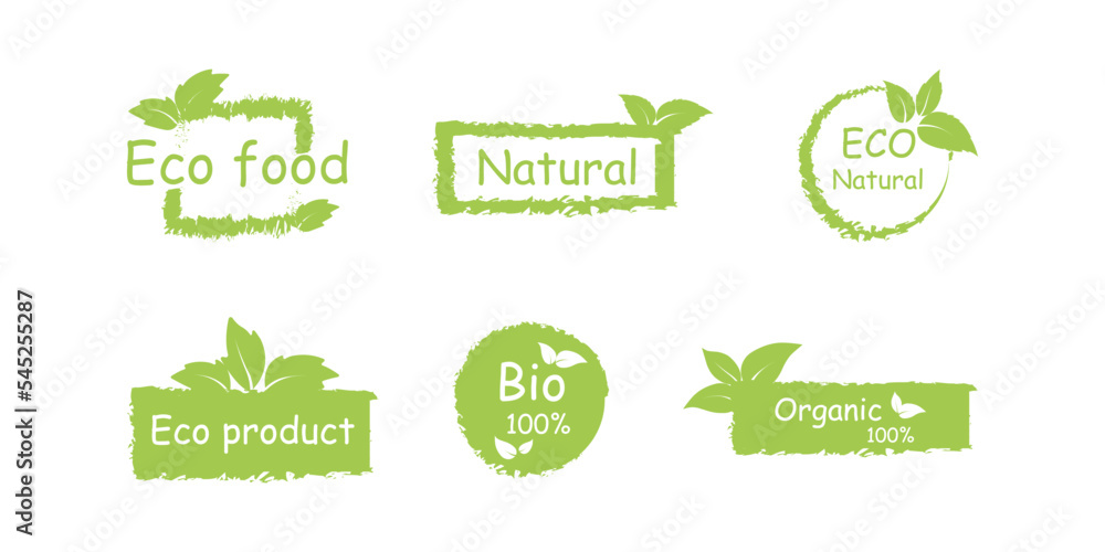 Fresh healthy organic vegan food logo labels and tags. Eco stickers for labeling package, food, cosmetics. Set of Vegan, eco, bio, organic, fresh, healthy, nateral food