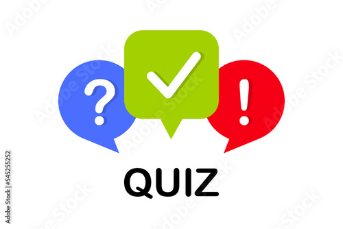 Quiz logo with speech bubble symbols. Questionnaire icon, poll sign, concept of social communication, chatting, interview, discussion, talk, team dialog. Vector illustration