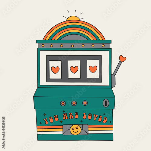Hand drawn vector illustration of gaming slot machine in groovy style. Prize winner concept. Abstract jackpot with hearts for valentine day. Cartoon casino element