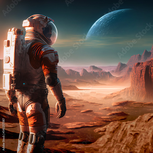 Abstract universe. Astronaut on Mars wearing space suit walking on the red planet. Art illustration. Digital art image.