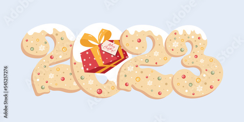 Happy New Year 2023 christmas cookies number. festive realistic decoration. Celebrate party 2023, Web Poster, banner, cover card, brochure, flyer, layout design. White background