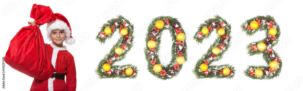 Santa Claus holds sack and 2023 number Santa Claus holds sack and 2023 number