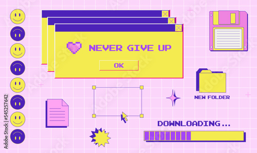 Old computer user interface, 90s 2000s style, retro pc elements, trendy y2k aesthetic set, smile, pixel heart, folder, floppy disk, nostalgia, vector illustration