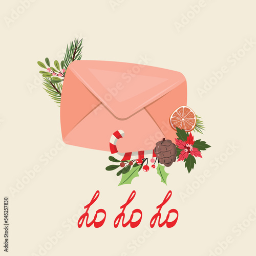 Cute cartoon illustration with Christmas post, branches, cones and candy canes.