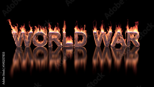 World war - text burning in fire on glossy surface – 3d animation