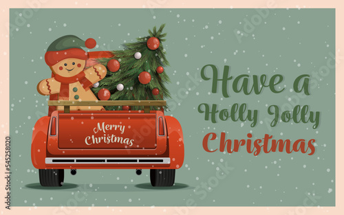 Red car with gingerbread man and Christmas tree. Merry Christmas and Happy New Year Postcard or Poster or Flyer template with retro pickup truck