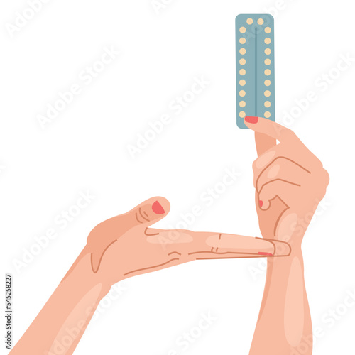 Woman's hands holding oral contraceptive pills in blister pack. Contraception method concept. Pregnancy prevention and baby birth control. Trendy hand-drawn vector flat cartoon illustration. photo