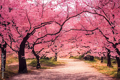 Pink sakura blossoming alley. Wonderful park with rows of blooming pink sakura trees. Pink flowers on sakura trees.