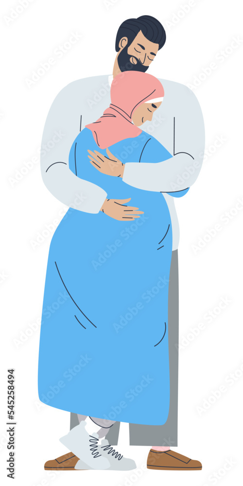Husband hugs his wife. Pregnant Muslim woman. Traditional couple. Flat vector illustration, eps10 Husband hugs his wife. Pregnant Muslim woman. Traditional couple. Flat vector illustration, eps10