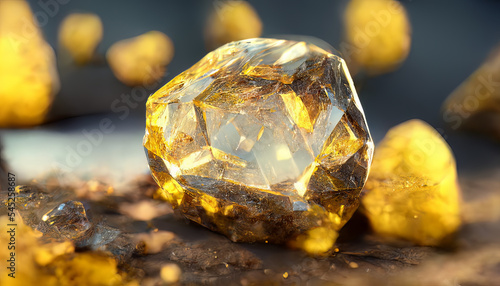 Large topaz gemstone close-up on topaz background with bokeh lights. Yellow topaz crystal. Yellow gemstone. Yellow gems. photo