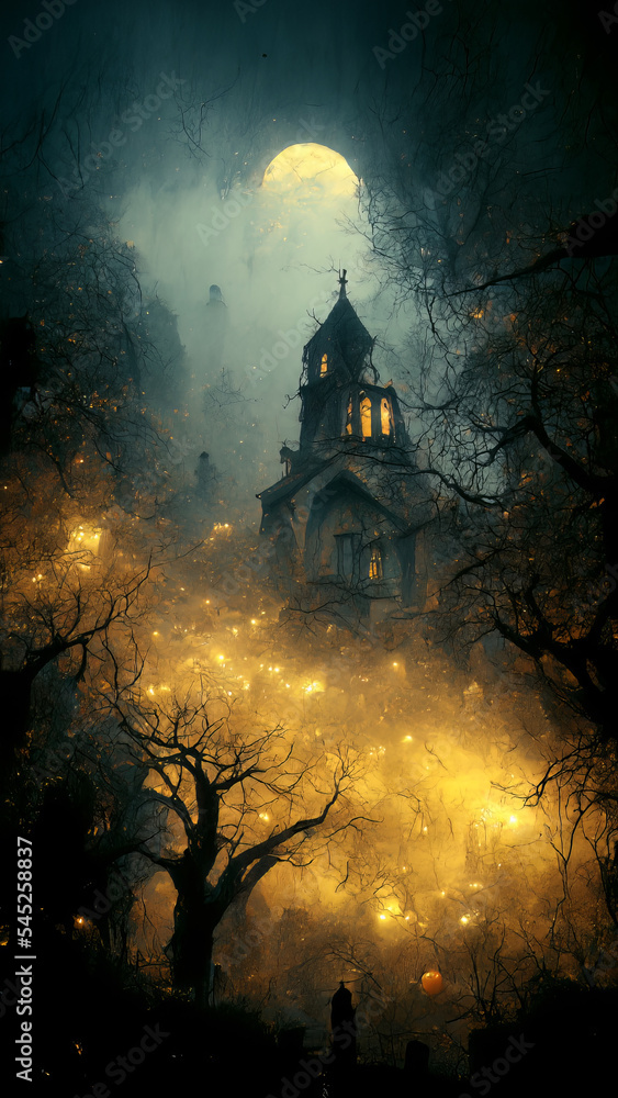 Orange glowing fog trail throught dark creepy forest under a moon light with old church on background. Halloween or Ghost party postcard, invitation.