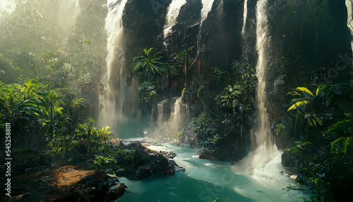 Jungle waterfall cascade in tropical rainforest. Tropical waterfall in jungles  illustration.