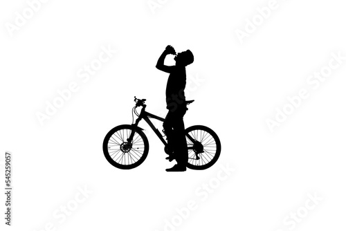 Side view on black silhouette of cyclist is drinking water from bottle on white background. Male bicyclist quenches thirst while cycling. Traveling, training, active rest. Active sporty people concept