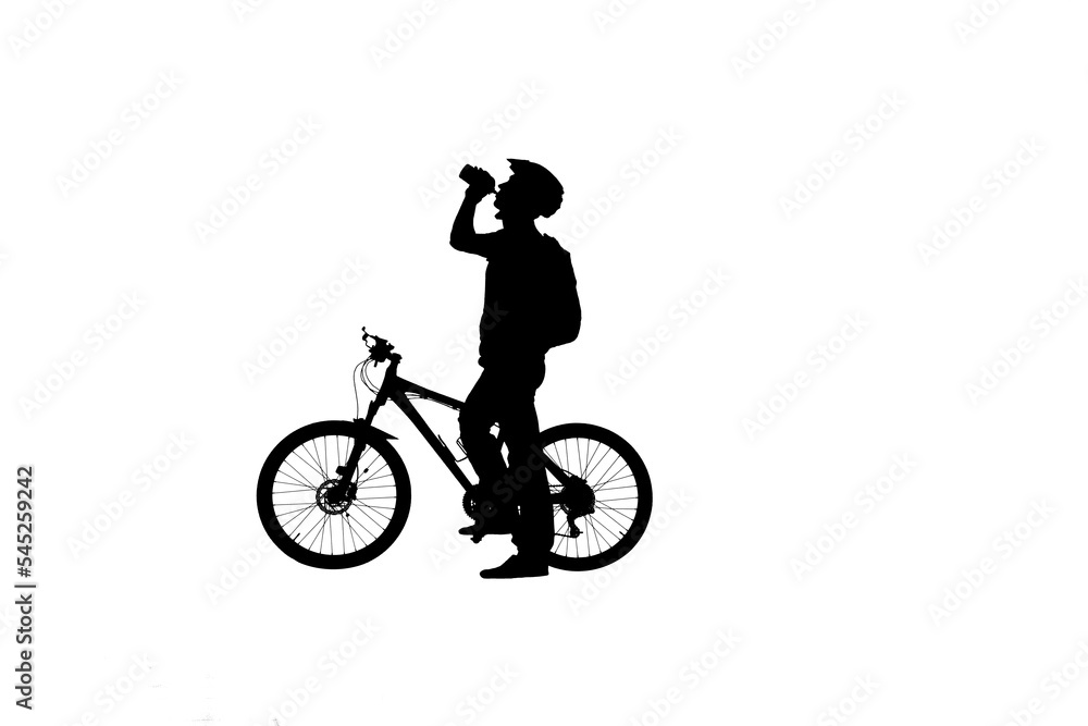 Naklejka premium Side view on black silhouette of cyclist is drinking water from bottle on white background. Male bicyclist in bicycle helmet and with backpack quenches thirst while cycling.