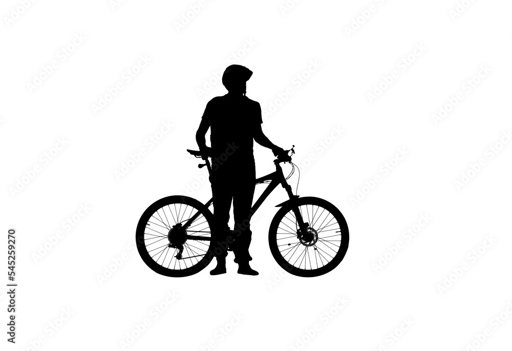Fototapeta premium Black silhouette of cyclist in bicycle helmet isolated on white background. Male bicyclist standing next to a sports bike and looking to the side. Active sporty people concept image.