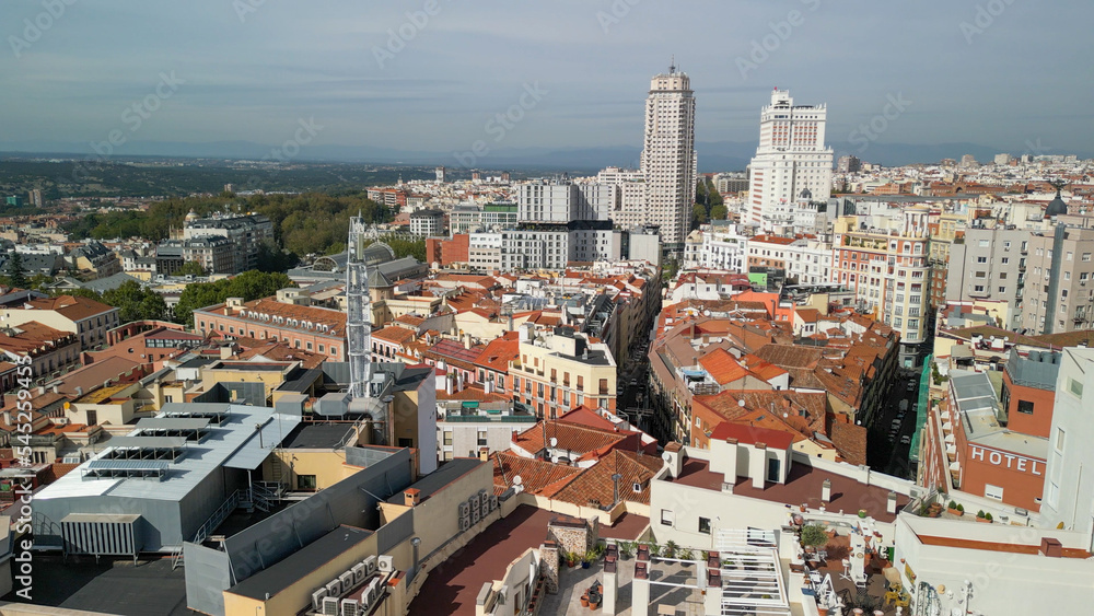 Madrid, Spain - October 29, 2022: Aerial view of city center. Buildings and main landmarks on a sunny day