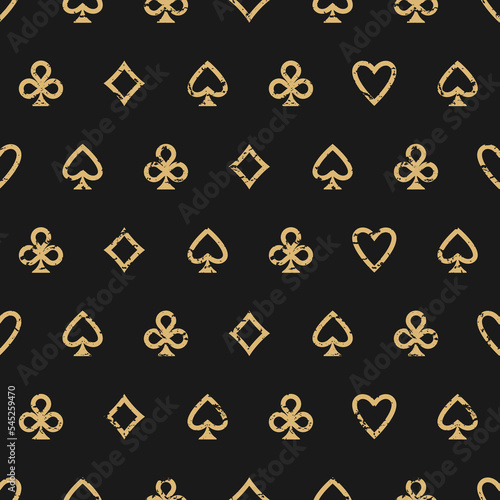 Seamless golden grunge pattern with card suits - hearts, clubs, spades and diamonds. Scratched Casino gambling, poker background. Alice in wonderland ornament.