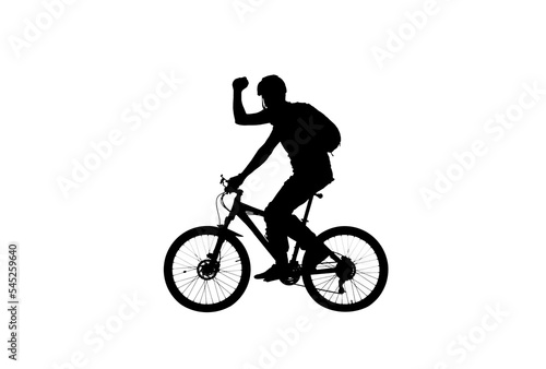 Side view on black silhouette of cyclist raising his hand in triumph and rejoicing in victory. Male bicyclist pedaling and riding sports bike on white background. Traveling, training, active rest. © kinomaster