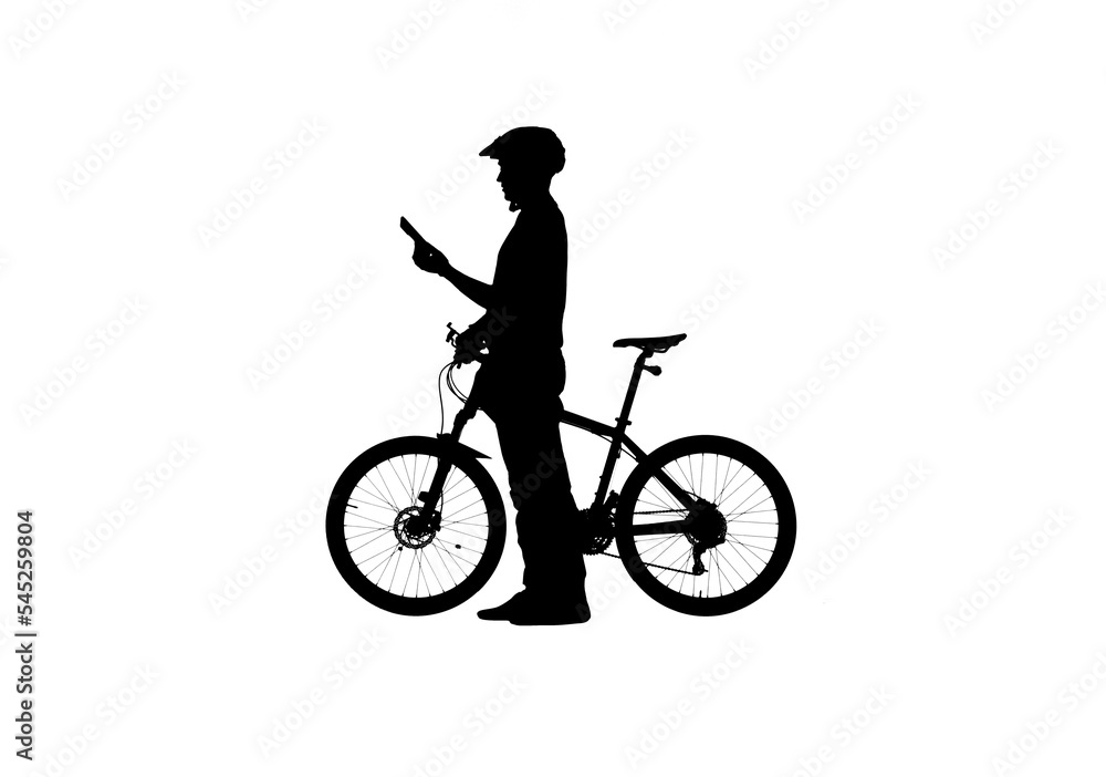 Side view on black silhouette of cyclist looking at smartphone screen. Male bicyclist in sportswear and a bicycle helmet on white background. Traveling, training, active rest. Side view on black silhouette of cyclist looking at smartphone screen. Male bicyclist in sportswear and a bicycle helmet on white background. Traveling, training, active rest.