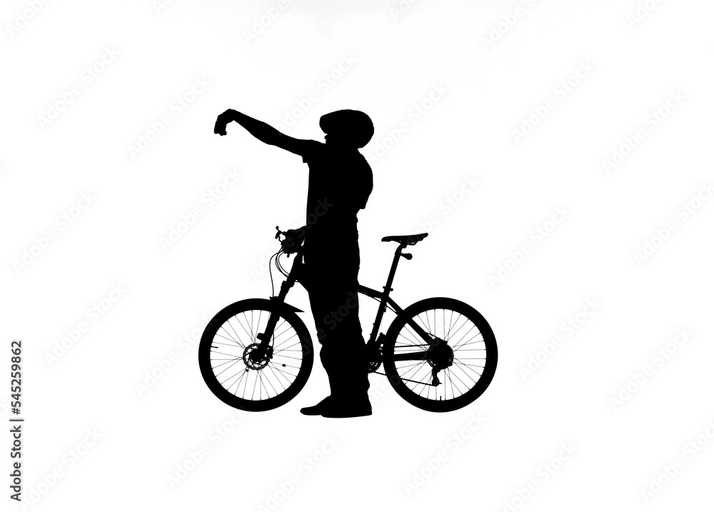 Fototapeta premium Side view on black silhouette of cyclist taking a selfie with a smartphone camera. Male bicyclist in sportswear and a bicycle helmet on white background. Traveling, training, active rest.