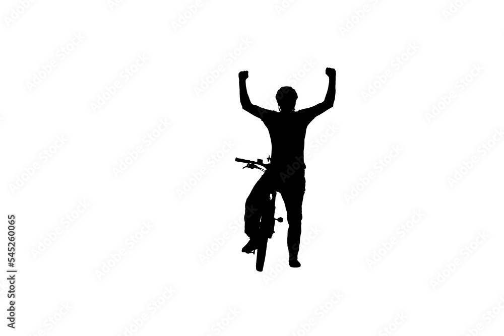 Black silhouette of cyclist raising his hands in triumph and rejoicing in victory. Male bicyclist riding sports bike on white background. Traveling, training, active rest. Active sporty people concept