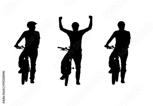 Black silhouette of cyclist with bicycle on white background. 3 in 1 Collage, front view full length. Male bicyclist in sportswear and a bicycle helmet. Traveling, training, active rest.