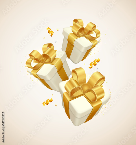 3d gift box with present. Decorative white gift box with golden bow isolated on white background