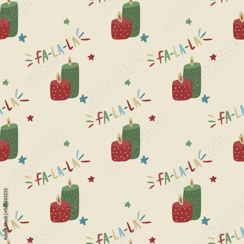 seamless beige christmas pattern with red and green candles and stars photo