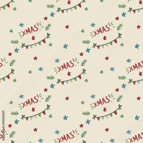 seamless beige christmas pattern with xmas and glags in green, red and blue colours photo