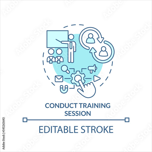 Conduct training session turquoise concept icon. Provide learning for employee abstract idea thin line illustration. Isolated outline drawing. Editable stroke. Arial, Myriad Pro-Bold fonts used