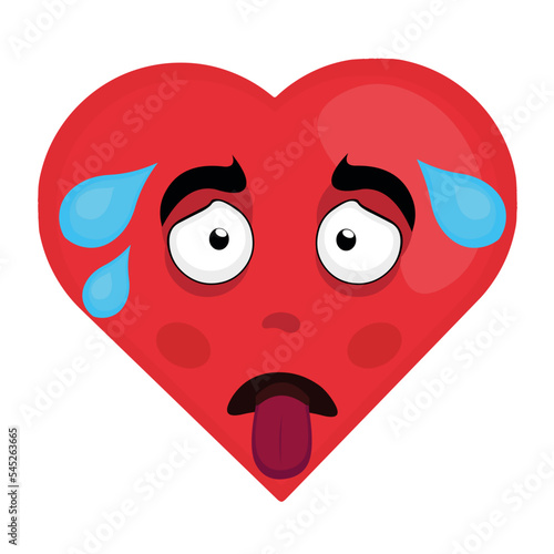 vector cartoon character illustration of an exhausted heart, with tongue out and beads of sweat on his head