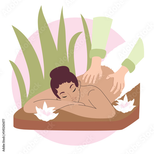 Body spa. Woman getting relaxing thai massage treatment lying down on bed. Body care vector illustration. Manual back treatment massage