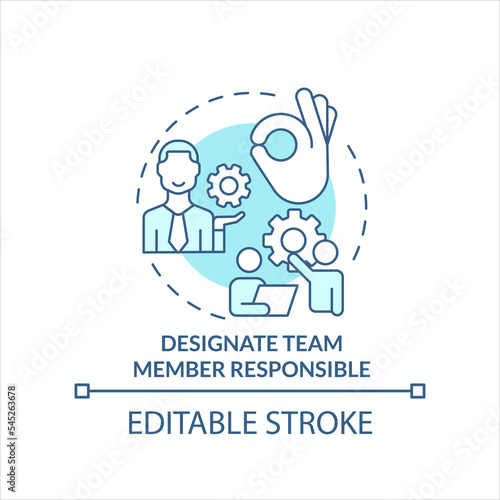 Designate team member responsible turquoise concept icon. Define manager abstract idea thin line illustration. Isolated outline drawing. Editable stroke. Arial, Myriad Pro-Bold fonts used