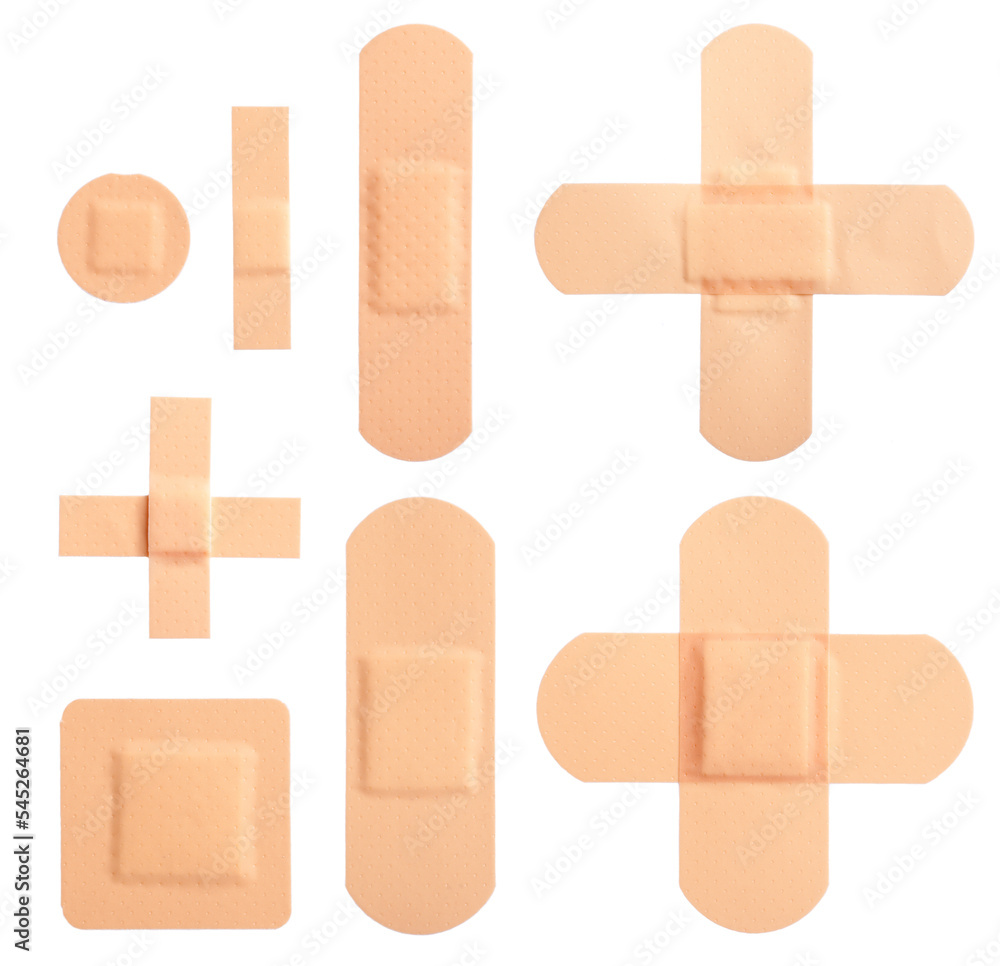 set of different bandaids or plasters isolated on white background