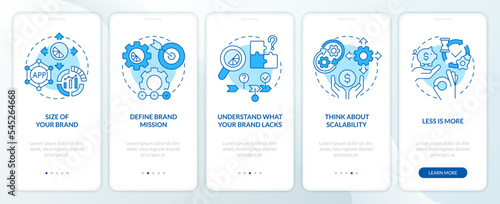 Aspects for choosing business tools blue onboarding mobile app screen. Walkthrough 5 steps editable graphic instructions with linear concepts. UI, UX, GUI template. Myriad Pro-Bold, Regular fonts used