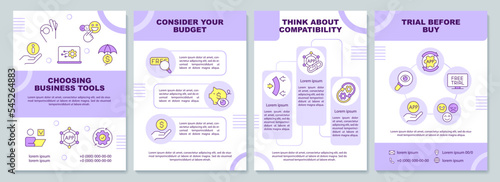 Choosing business tools purple brochure template. Advices. Leaflet design with linear icons. Editable 4 vector layouts for presentation, annual reports. Arial-Black, Myriad Pro-Regular fonts used