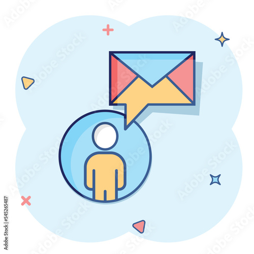 People with envelope icon in comic style. Email receive cartoon vector illustration on white isolated background. Message splash effect business concept.
