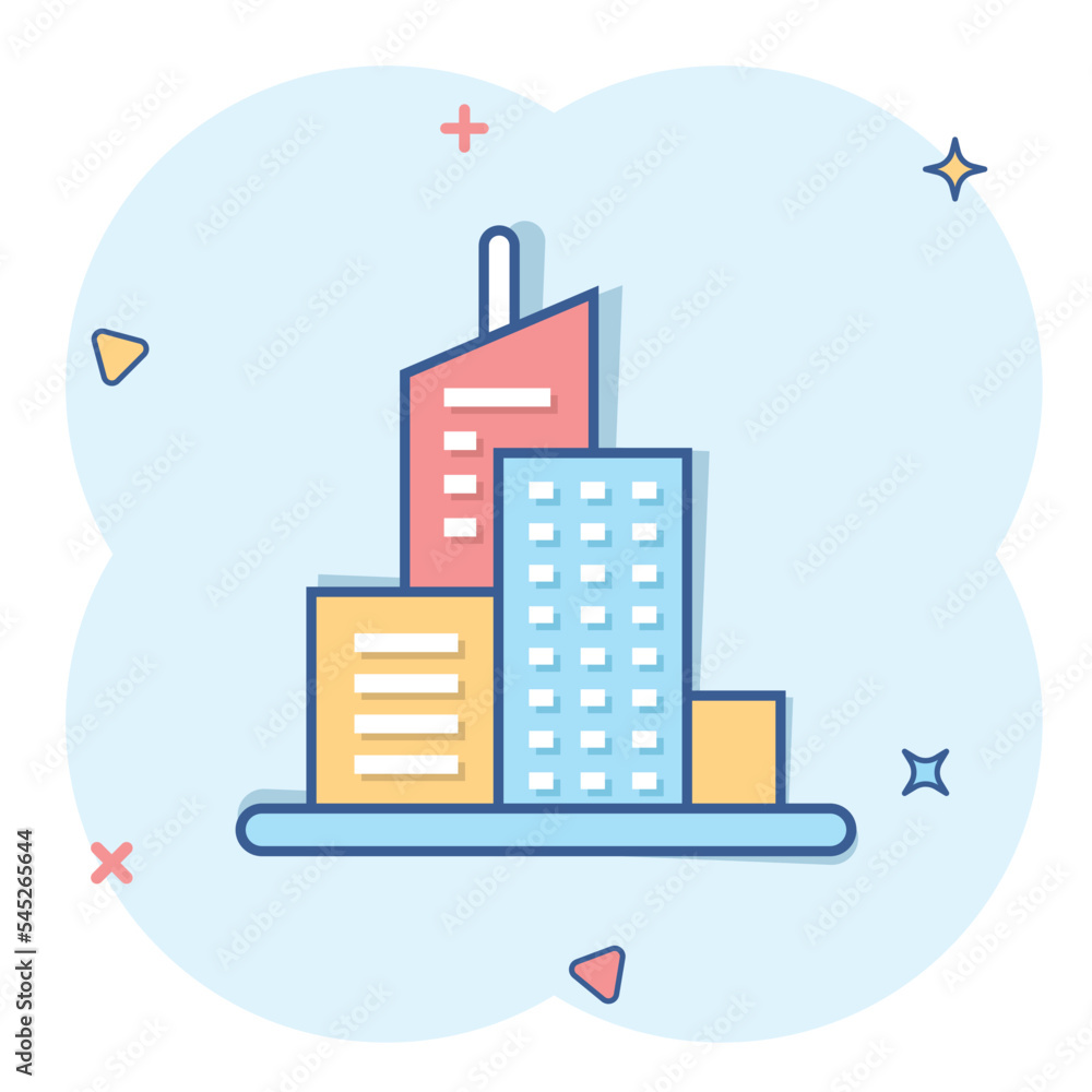 Obraz premium Building icon in comic style. Town skyscraper apartment cartoon vector illustration on white isolated background. City tower splash effect business concept.