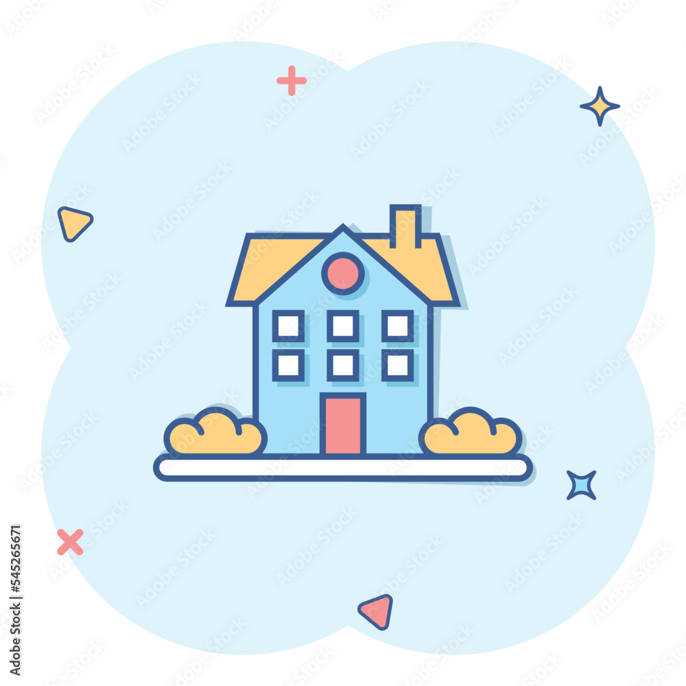 Building icon in comic style. Home cartoon vector illustration on white isolated background. House splash effect business concept.
