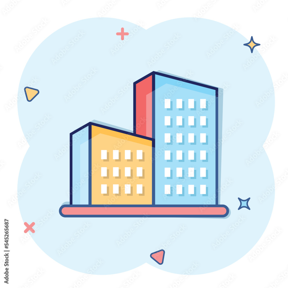 Obraz premium Building icon in comic style. Town skyscraper apartment cartoon vector illustration on white isolated background. City tower splash effect business concept.
