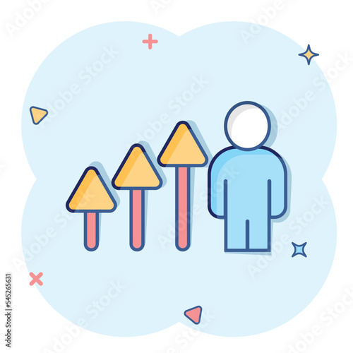 People with growth arrow icon in comic style. Work strategy cartoon vector illustration on white isolated background. Office training splash effect business concept.